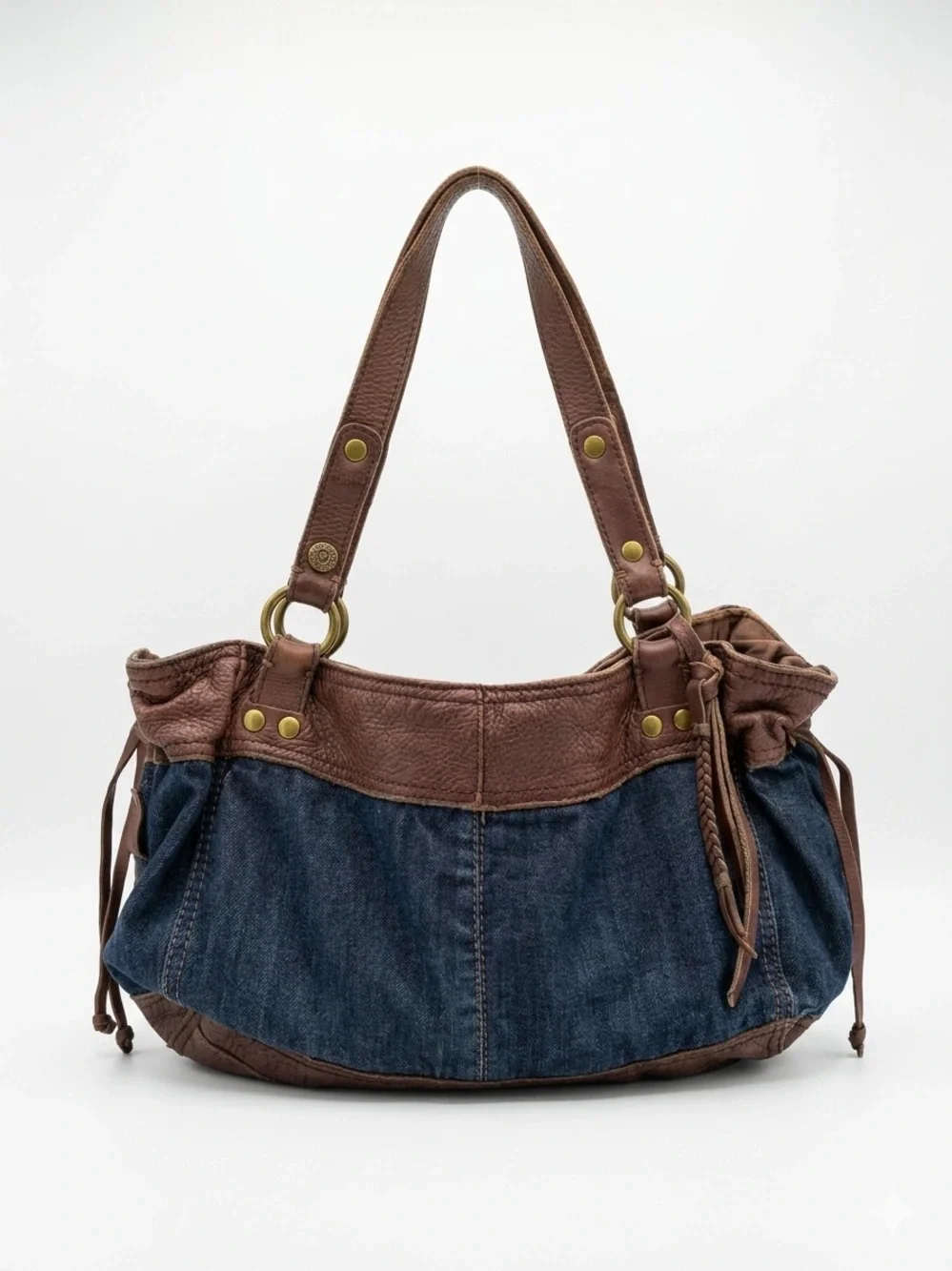 Lucky Brand Vintage Y2K Denim Leather Slouchy Hobo Shoulder Bag Tote Carnaby St